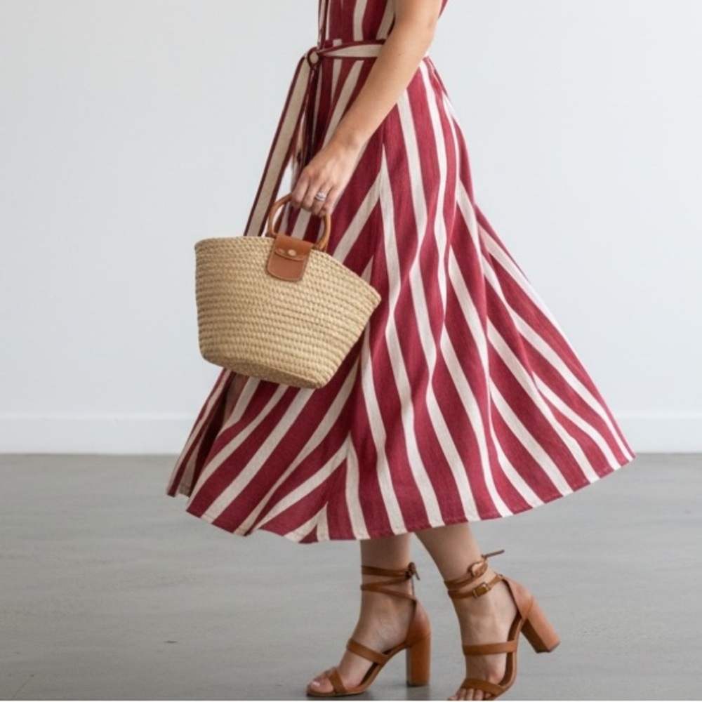 April Cornel Striped Cotton Weave Sleeveless Button Front Midi Twirl Dress - Picture 5 of 15